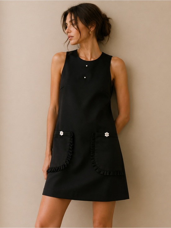 Betsey Johnson Dresses & Skirts - Betsy Johnson Black Sleeveless Shirt Dress w/ Ruffle Pocket Details Size 2